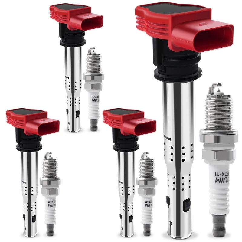 BELKEBIR Set of 4 Ignition Coil Packs & Iridium Spark Plugs Compatible with 2.0L L4 2005-2018 Audi A3 A4 A5 A6 Q3 Q5 TT, 2006-2017 VW CC Eos GTI Golf Jetta Passat Tiguan Replace UF529 & 4464 - Image 1