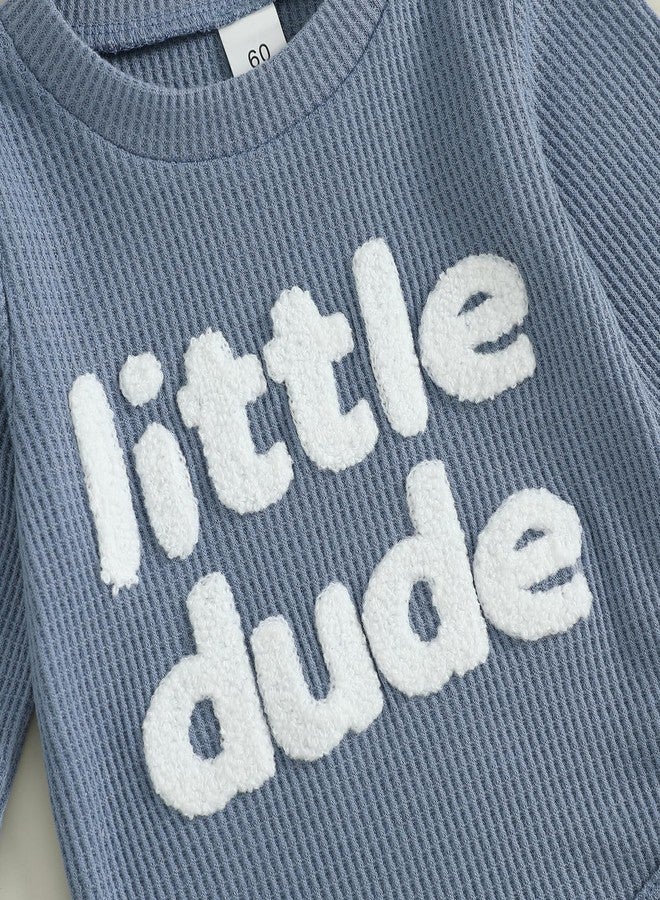 FOMOYUU Newborn Baby Boy Clothes Waffle Letter Embroider Long Sleeve Romper Pullover Tops and Pants Sets Fall Winter Outfits (Blue, 12-18 Months) - Image 3