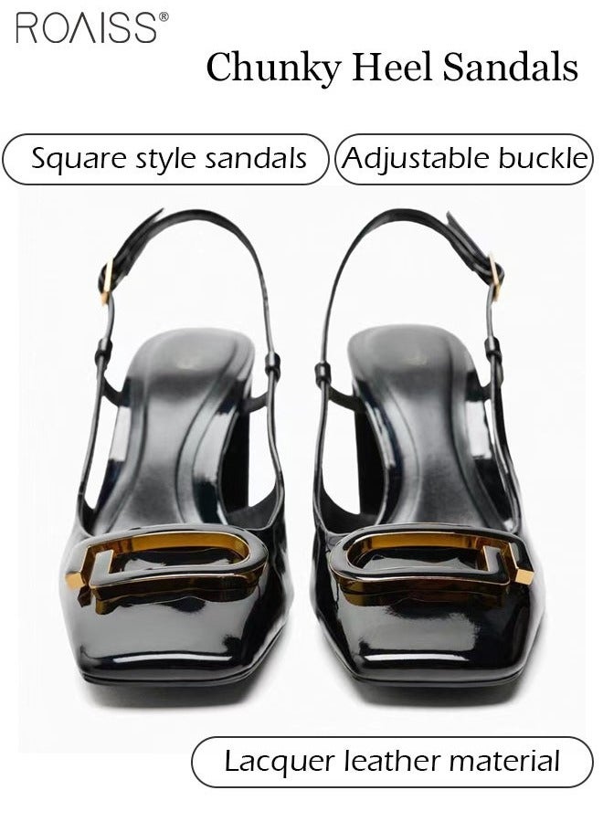 roaiss Fashionable Patent Leather Thick Heel High Heels Women'S Daily Commuting Slingback Square Toe Design Summer Thick Heel Sandals - Image 3