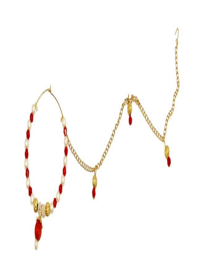 SUN SHINE Traditional Nose Ring Chain, Gold-Plated, Pearl and Red Beads, Bridal Nath - Image 2
