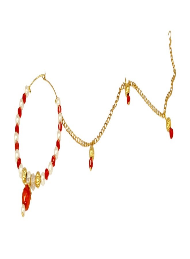 SUN SHINE Traditional Nose Ring Chain, Gold-Plated, Pearl and Red Beads, Bridal Nath - Image 1