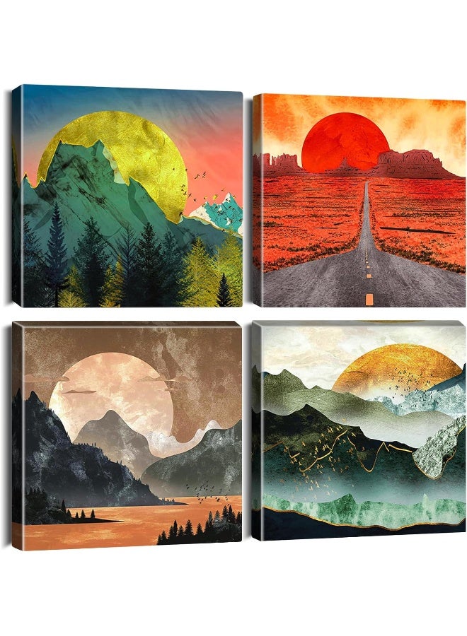 Artscope 4 Pieces Wall Art Canvas Prints - Sunrise Sunset Picture Painting - Modern Wall Artwork Framed for Gifts Bathroom Home Kitchen Office Decor - 30 x 30 CM - Image 1