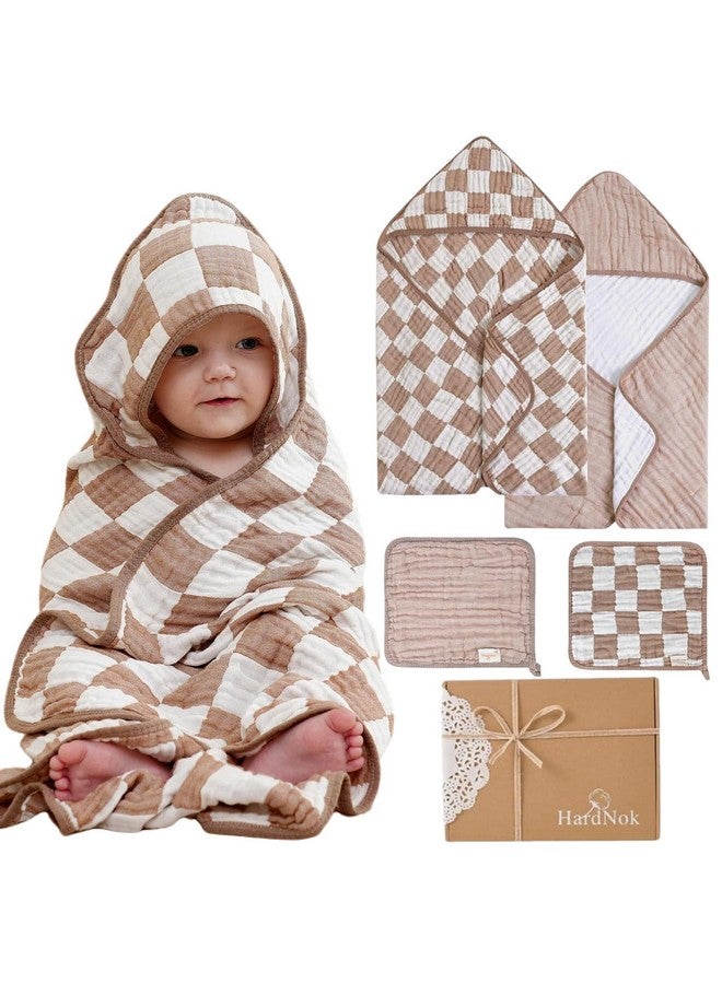 HardNok Ultra Soft Muslin Baby Towel Set 4-Piece - Muslin & Bamboo Viscose Blend, Ideal for Bath & Beach, Perfect for Baby Boys & Girls, (Coffee Checkered, 32x32 inches) - Image 1