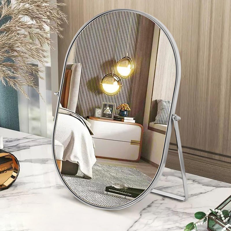 Oval Desk Mirror With 90 Swivel Metal Frame  Portable HighDefinition Tabletop Mirror for Countertop Vanity Living Room Bedroom Bathroom  Large Silver