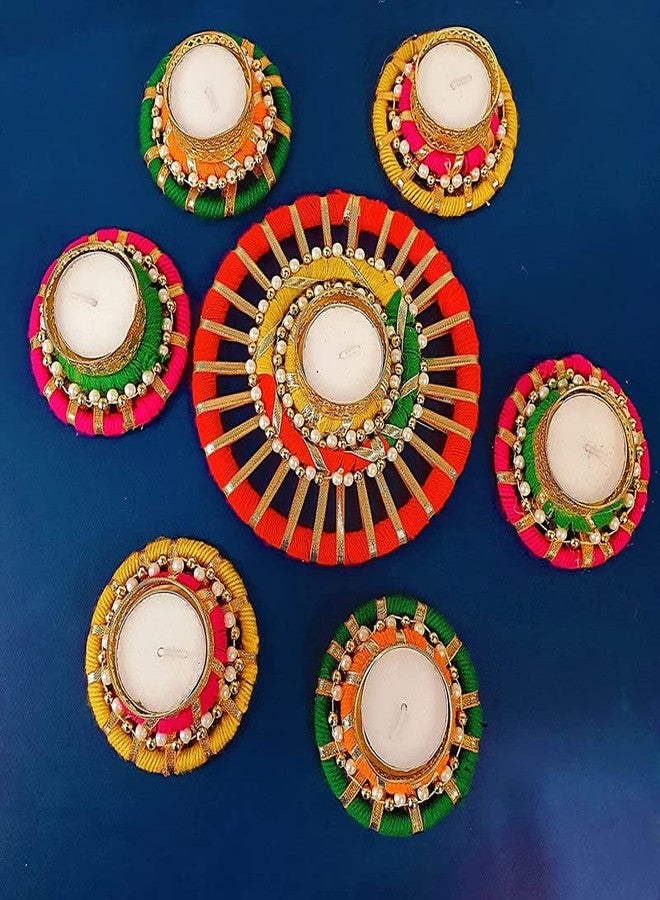 Anishop Gotapati Handmade Metal Rangoli Tealight Holder Set for Diwali Decorations and Gifts Diya Decorated with Pearl & Tea Lights (1Big and 6 Small tealight Holders) - Image 2