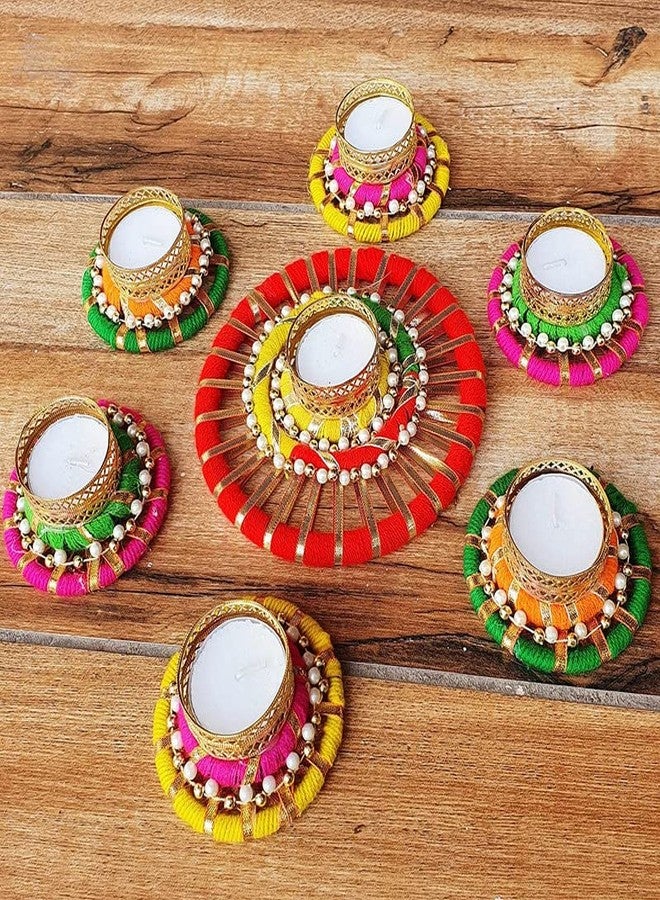 Anishop Gotapati Handmade Metal Rangoli Tealight Holder Set for Diwali Decorations and Gifts Diya Decorated with Pearl & Tea Lights (1Big and 6 Small tealight Holders) - Image 3