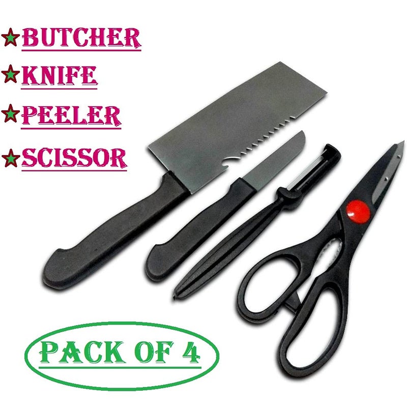 Funeiko Stainless Steel Kitchen Knives Set Butcher Knife Standard Knife Peeler and Kitchen Scissor Pack of 4Multicolor - Image 2