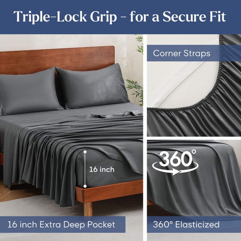 JSD 100% Viscose Derived from Bamboo Sheet Set Queen, Dark Grey Cooling Sheets for Hot Sleepers, Soft Silky Breathable Bed Sheets Extra Deep Pocket - Image 5