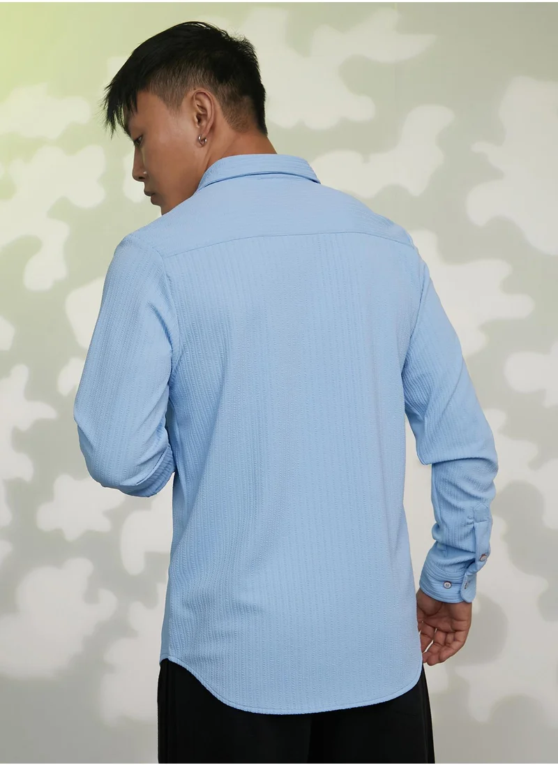 Campus Sutra Men's Baby Blue Stripe-Creased Shirt