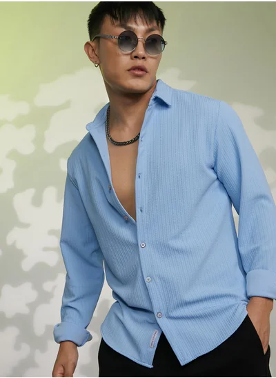 Campus Sutra Men's Baby Blue Stripe-Creased Shirt