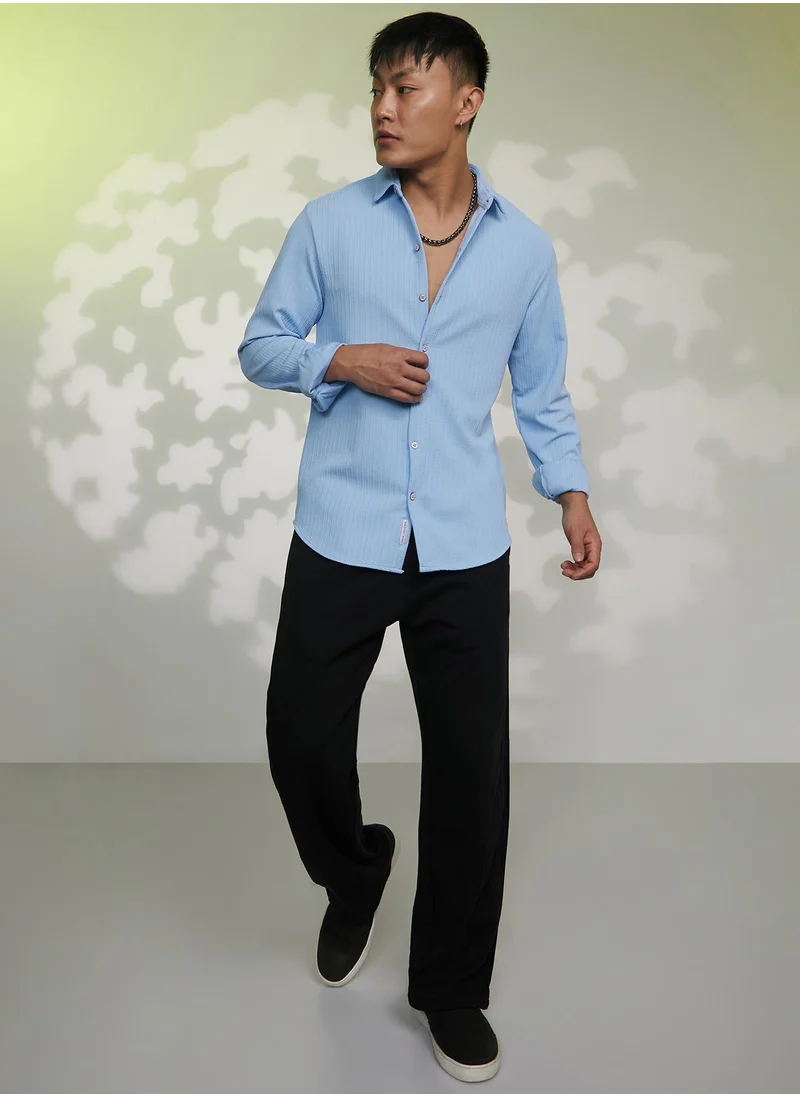 Campus Sutra Men's Baby Blue Stripe-Creased Shirt