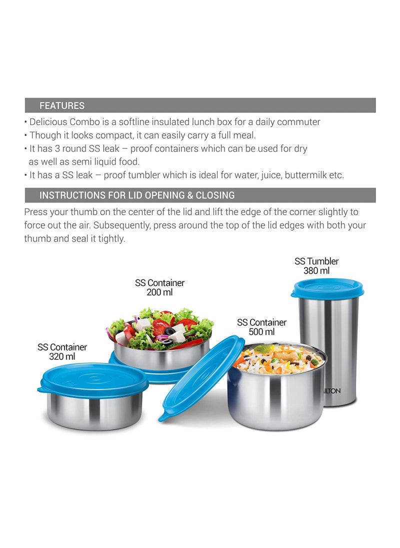 Milton - Milton Delicious Combo Stainless Steel Insulated Tiffin Set Of 4 (3 Container & 1 Tumbler) Blue - Image 1