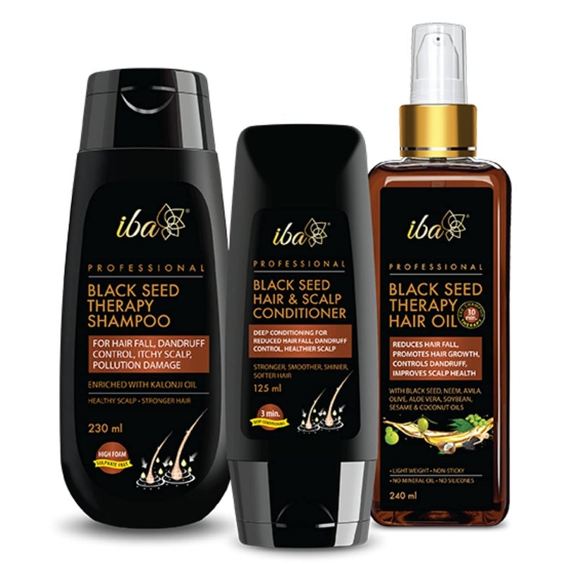 Iba Black Seed Therapy Shampoo Conditioner Hair Oil Combo 230 ml  125 ml  240 ml  Kalonji For Hair Fall Dandruff Itchy Scalp  No Sulfate No Paraben  Halal Certified  Vegan - Image 1