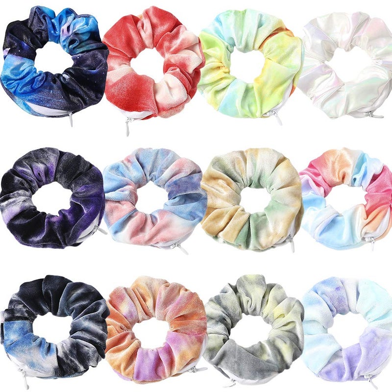 12 Pcs Premium Velvet VSCO Hair Scrunchies with Hidden Zipper Pocket  Tie Dye Chiffon Scrunchies for Girls and Women