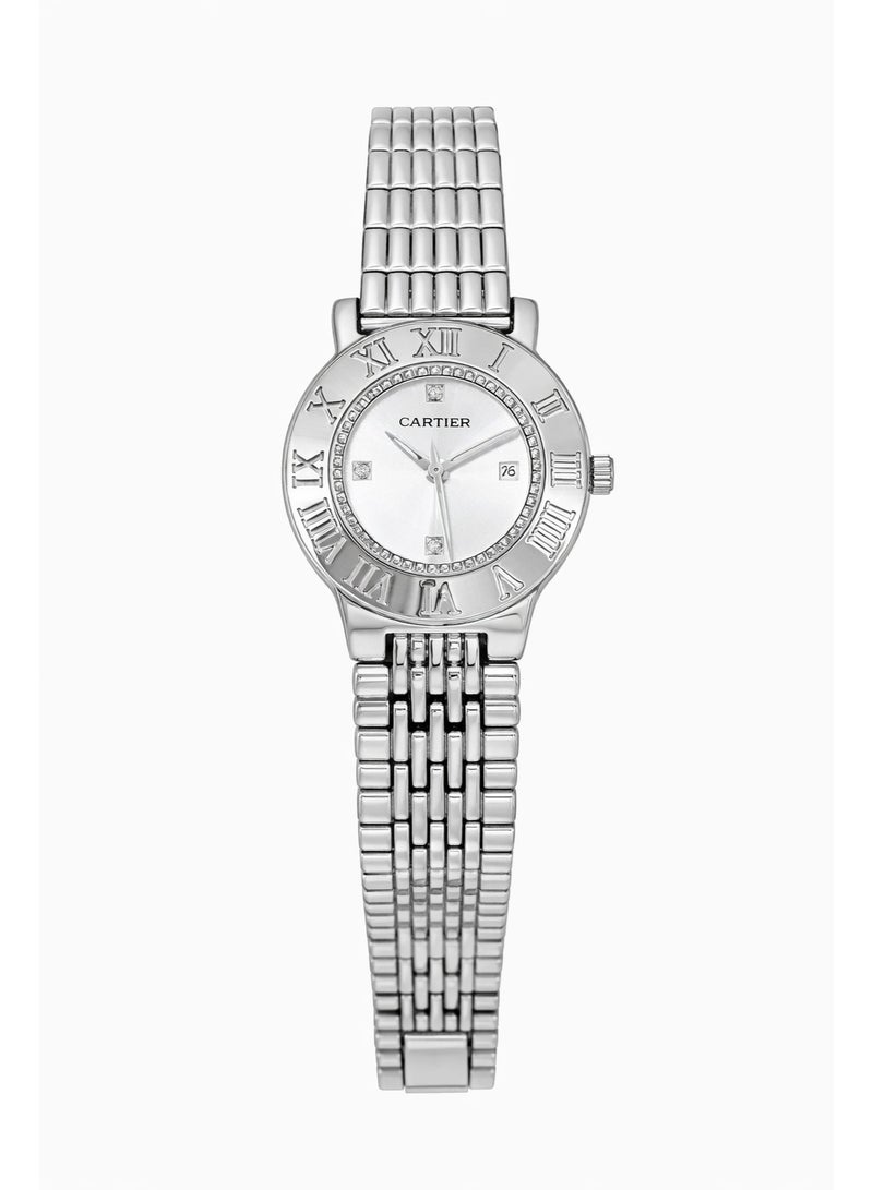 ساعة كارتييه حريمي ستانلس ستيل بأرقام رومانية وإطار مرصع بالكريستال – لون فضي