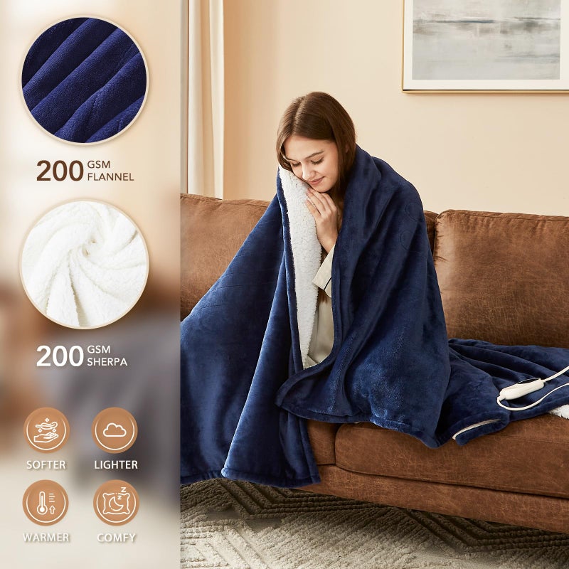 Home Mate Homemate Heated Blanket Electric Throw - 50"x60" Heating Blanket Throw 1/2/4/6/8 Hours Auto-Off 10 Heat Level Over-Heat Protection Flannel Sherpa ETL Certification - Image 2