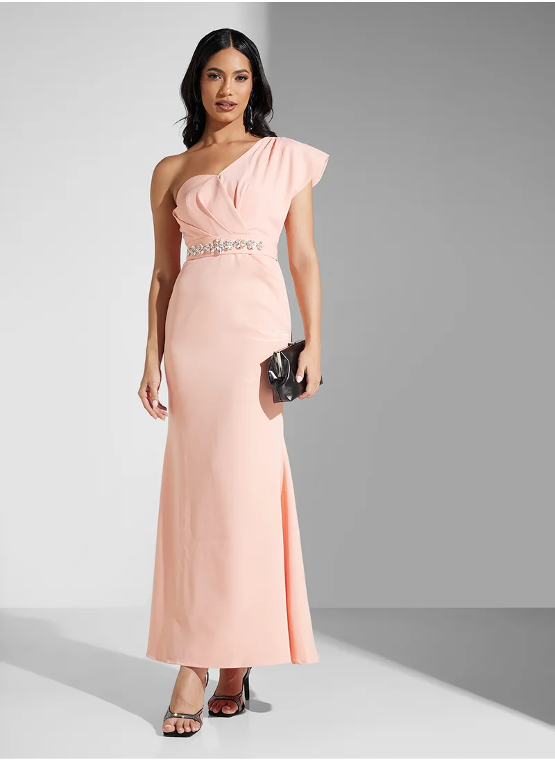 Namshi x One Shoulder Evening Gown With Crystal Belt