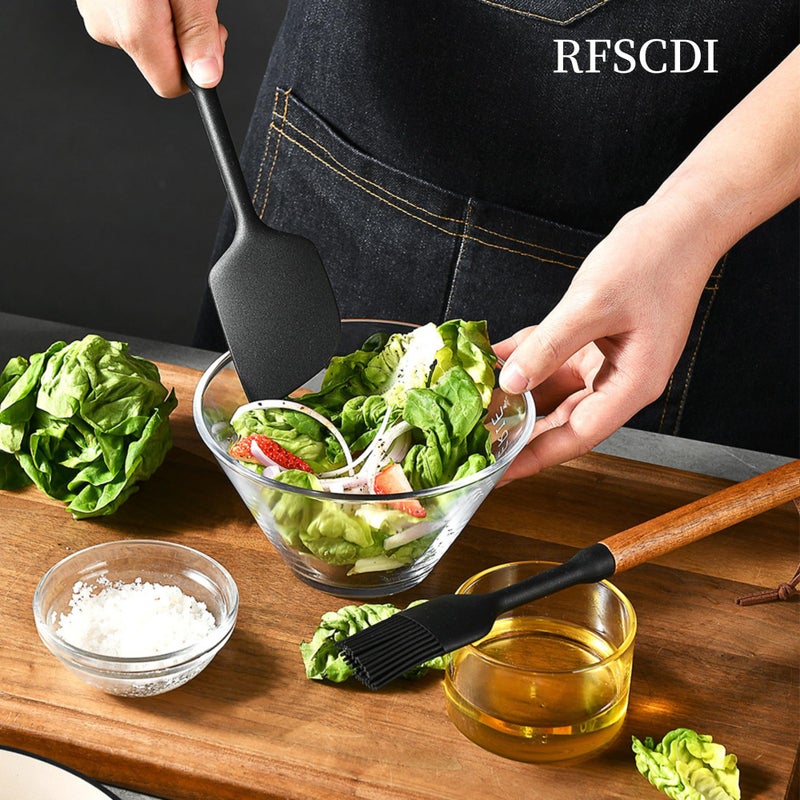 RFSCDI Exquisite Silicone Cooking Utensils Set - Non-Toxic, Heat-Resistant Kitchen Utensils Set with Food-Grade Silicone & Wood Handles - Includes Spatula & Spoon for Non-Stick Cookware, Black - Image 3