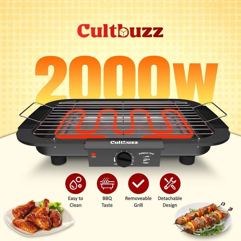Cultbuzz Electric Barbecue Grill Smokeless Portable Adjustable Temperature Control 2000 Watt Indoor and Outdoor Water Filled Drip Tray Removable (BBQ Silicon Gloves) - Image 2