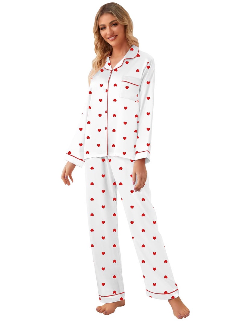 Schbbbta Girls Pajamas, Satin Silk Button Down Pjs Soft Long Sleeve Shirt Pants 2Pcs Sleep Set Loungewear Outfits for Kids,Heart White, 11-12 Years = Tag 160 - Image 5