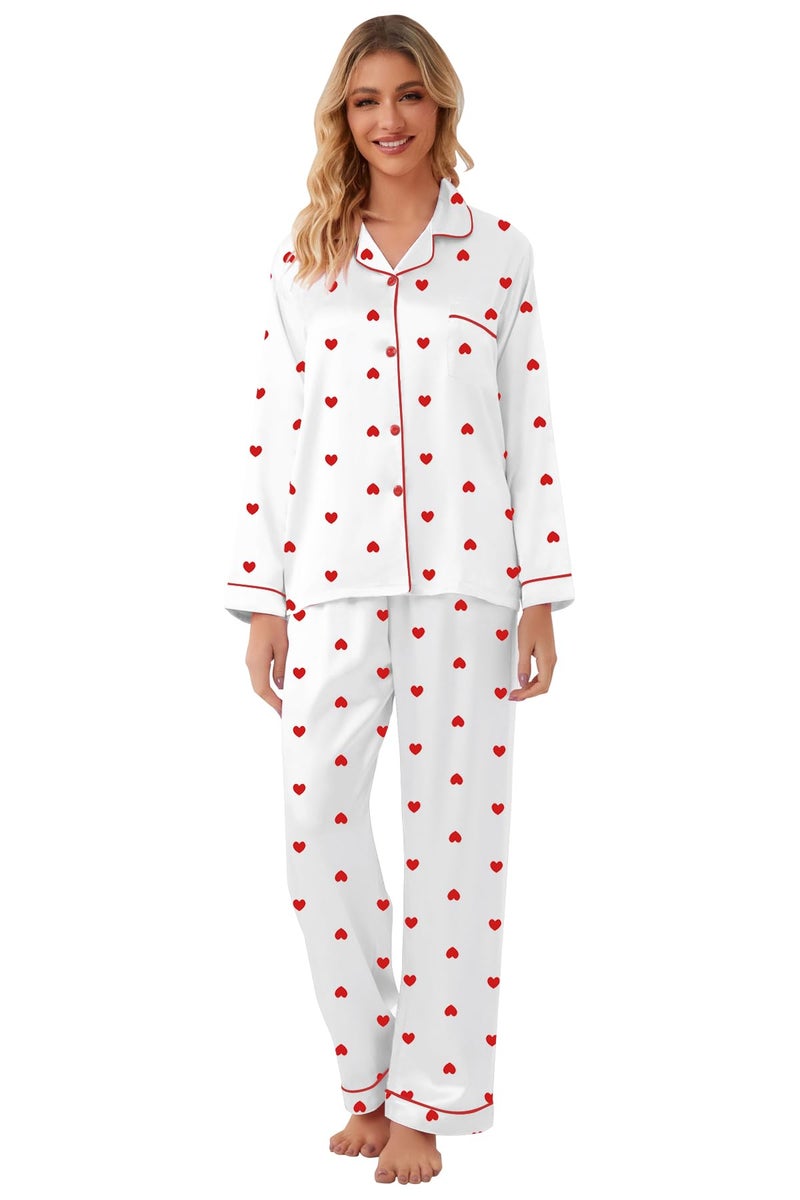 Schbbbta Girls Pajamas, Satin Silk Button Down Pjs Soft Long Sleeve Shirt Pants 2Pcs Sleep Set Loungewear Outfits for Kids,Heart White, 11-12 Years = Tag 160 - Image 4