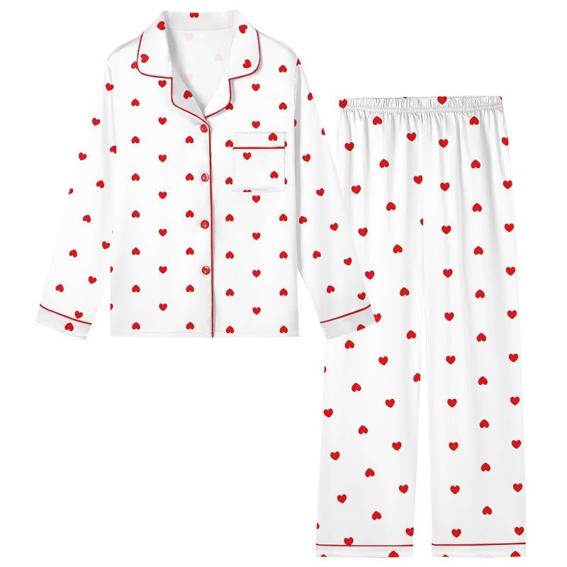 Schbbbta Girls Pajamas, Satin Silk Button Down Pjs Soft Long Sleeve Shirt Pants 2Pcs Sleep Set Loungewear Outfits for Kids,Heart White, 11-12 Years = Tag 160 - Image 1