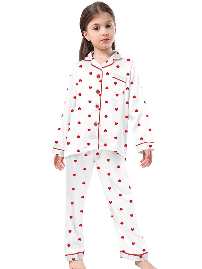 Schbbbta Girls Pajamas, Satin Silk Button Down Pjs Soft Long Sleeve Shirt Pants 2Pcs Sleep Set Loungewear Outfits for Kids,Heart White, 11-12 Years = Tag 160 - Image 2