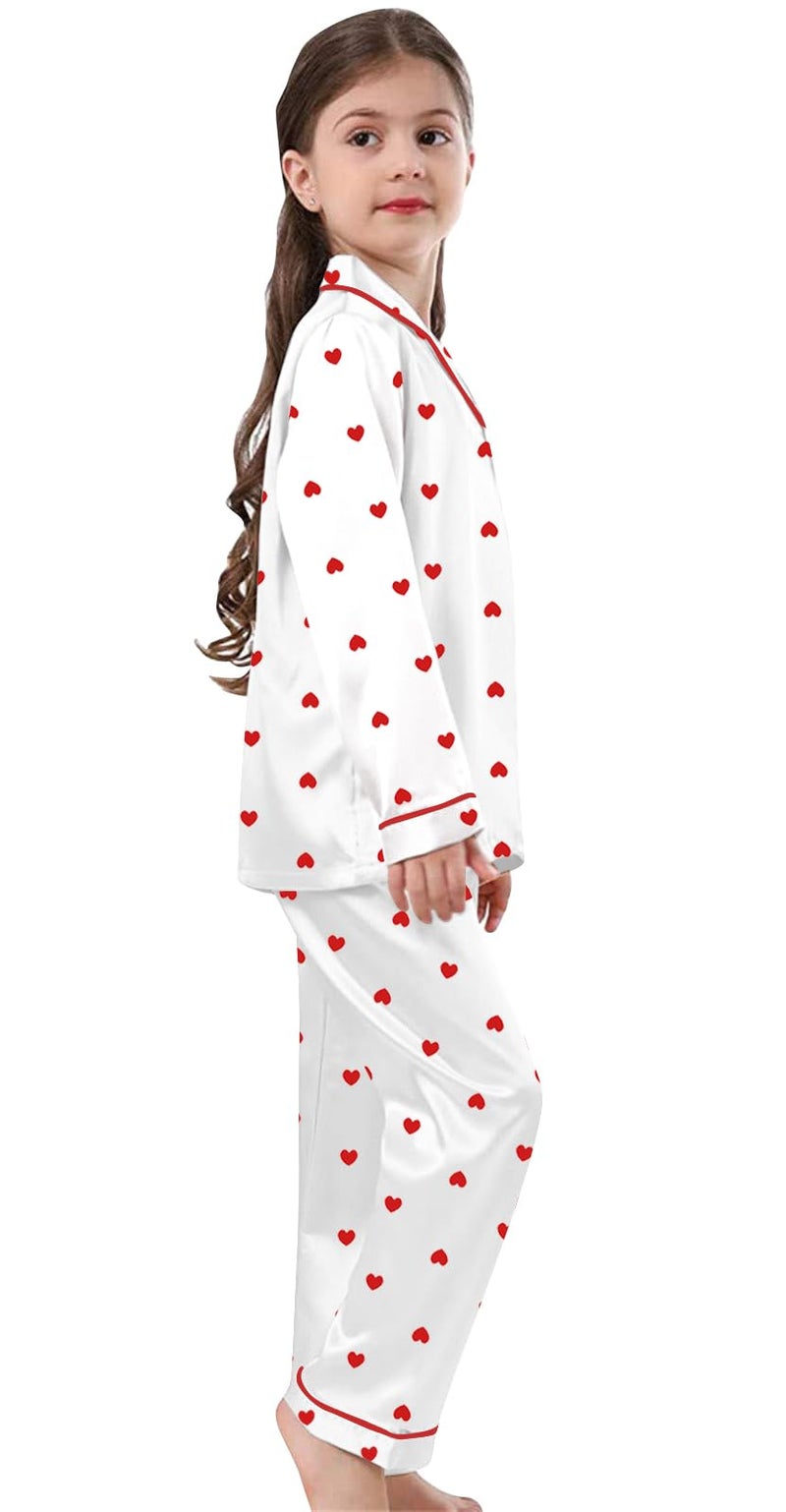 Schbbbta Girls Pajamas, Satin Silk Button Down Pjs Soft Long Sleeve Shirt Pants 2Pcs Sleep Set Loungewear Outfits for Kids,Heart White, 11-12 Years = Tag 160 - Image 3
