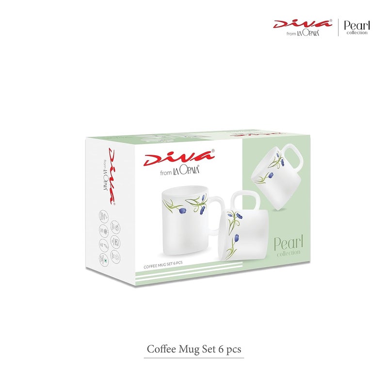 La Opala Diva Pearl Collection Opal Glass Crockery Coffee Mug Regular Set of 6 Lively Hues 190 ml for Tea Coffee Microwave Safe 100 Vegetarian Extra Strong Super Light White - Image 4