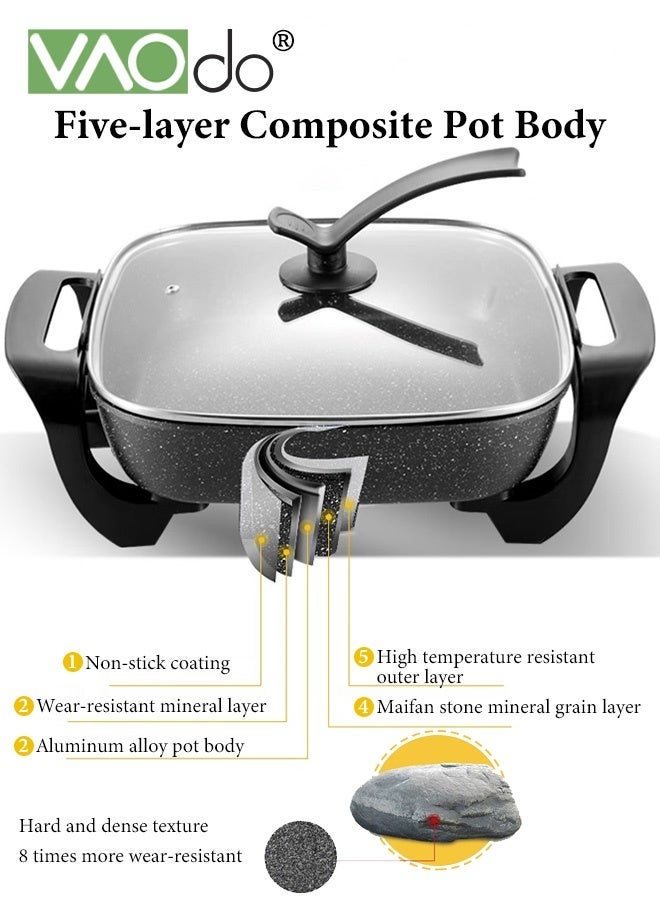 فاو دو مقلاة كهربائية كبيرة السعة 6 لتر، مقلاة سريعة التسخين ومتساوية الحرارة مع غطاء زجاجي مهوى، داخلية مقاومة للخدش، مقابض باردة الملمس، قدر كهربائي مربع من سبائك الألومنيوم باللون الأسود - Image 4