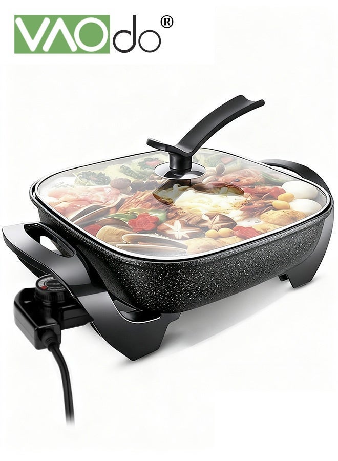 فاو دو مقلاة كهربائية كبيرة السعة 6 لتر، مقلاة سريعة التسخين ومتساوية الحرارة مع غطاء زجاجي مهوى، داخلية مقاومة للخدش، مقابض باردة الملمس، قدر كهربائي مربع من سبائك الألومنيوم باللون الأسود - Image 1