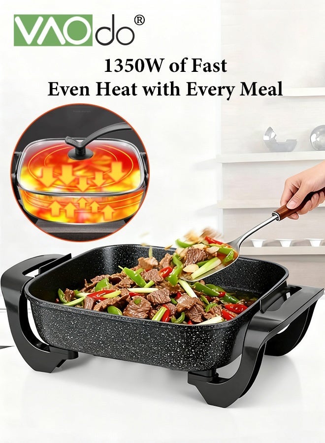 فاو دو مقلاة كهربائية كبيرة السعة 6 لتر، مقلاة سريعة التسخين ومتساوية الحرارة مع غطاء زجاجي مهوى، داخلية مقاومة للخدش، مقابض باردة الملمس، قدر كهربائي مربع من سبائك الألومنيوم باللون الأسود - Image 2