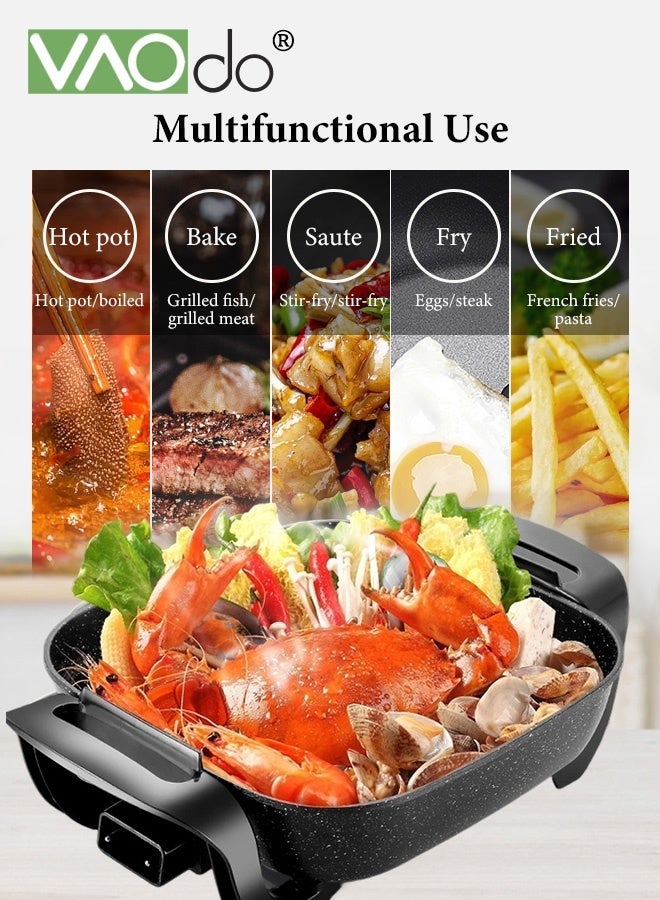 فاو دو مقلاة كهربائية كبيرة السعة 6 لتر، مقلاة سريعة التسخين ومتساوية الحرارة مع غطاء زجاجي مهوى، داخلية مقاومة للخدش، مقابض باردة الملمس، قدر كهربائي مربع من سبائك الألومنيوم باللون الأسود - Image 5