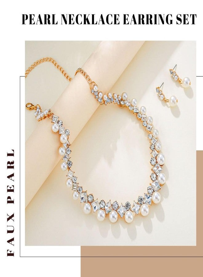 Gangel Rhinestone Necklace Earring Set Faux Pearl Necklace and Dangle Earrings Wedding Bridal Jewelry Crystal Necklaces for Women - Image 2