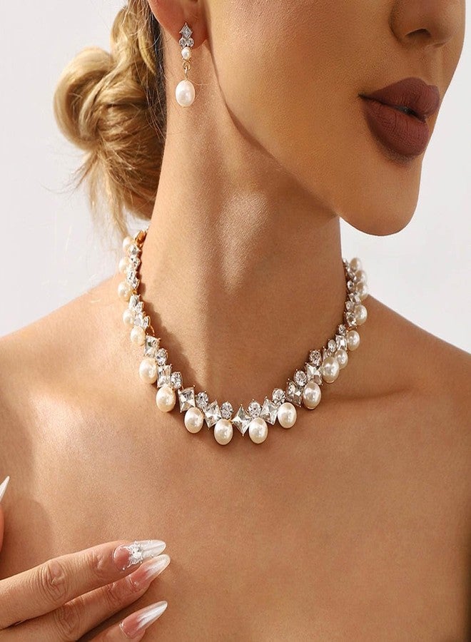 Gangel Rhinestone Necklace Earring Set Faux Pearl Necklace and Dangle Earrings Wedding Bridal Jewelry Crystal Necklaces for Women - Image 5