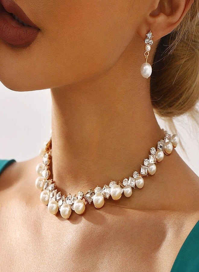 Gangel Rhinestone Necklace Earring Set Faux Pearl Necklace and Dangle Earrings Wedding Bridal Jewelry Crystal Necklaces for Women - Image 3