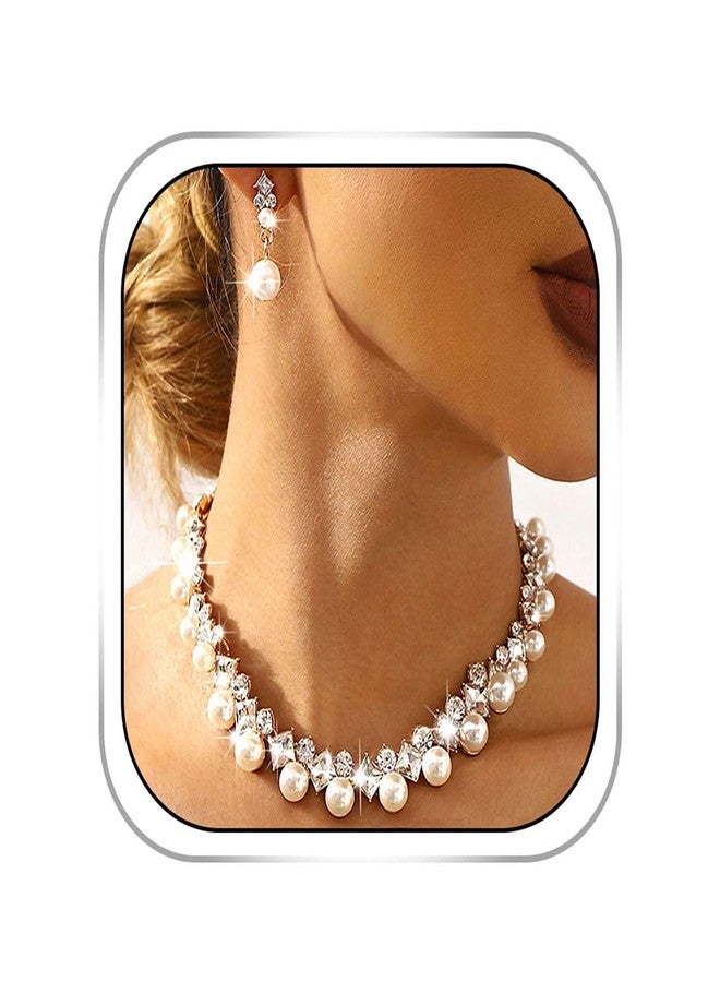 Gangel Rhinestone Necklace Earring Set Faux Pearl Necklace and Dangle Earrings Wedding Bridal Jewelry Crystal Necklaces for Women - Image 1