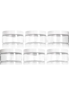JUVITUS 8 oz Clear PET Plastic Low Profile Jar with White Smooth Lids (6 pack) I BPA Free Large Refillable Empty Storage Containers