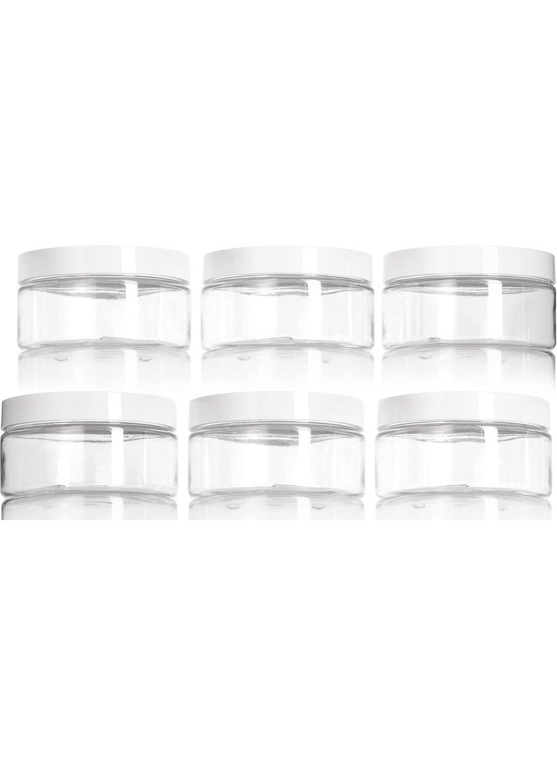 JUVITUS JUVITUS 8 oz Clear PET Plastic Low Profile Jar with White Smooth Lids (6 pack) I BPA Free Large Refillable Empty Storage Containers 