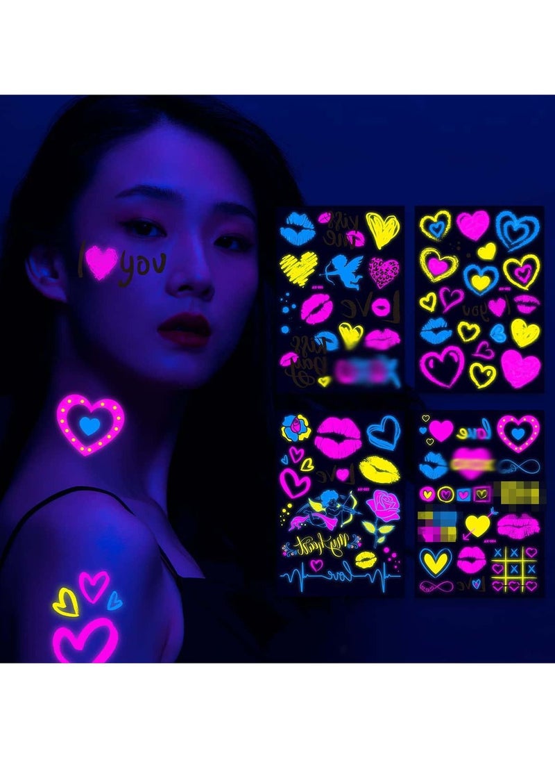 SYOSI 4 Sheets Glow in the Dark Tattoos Stickers Neon Temporary Makeup for Women Heart Tattoos Temporary Tattoo Stickers Bride Wedding  Heart Face Stickers Face Tattoos - Image 3