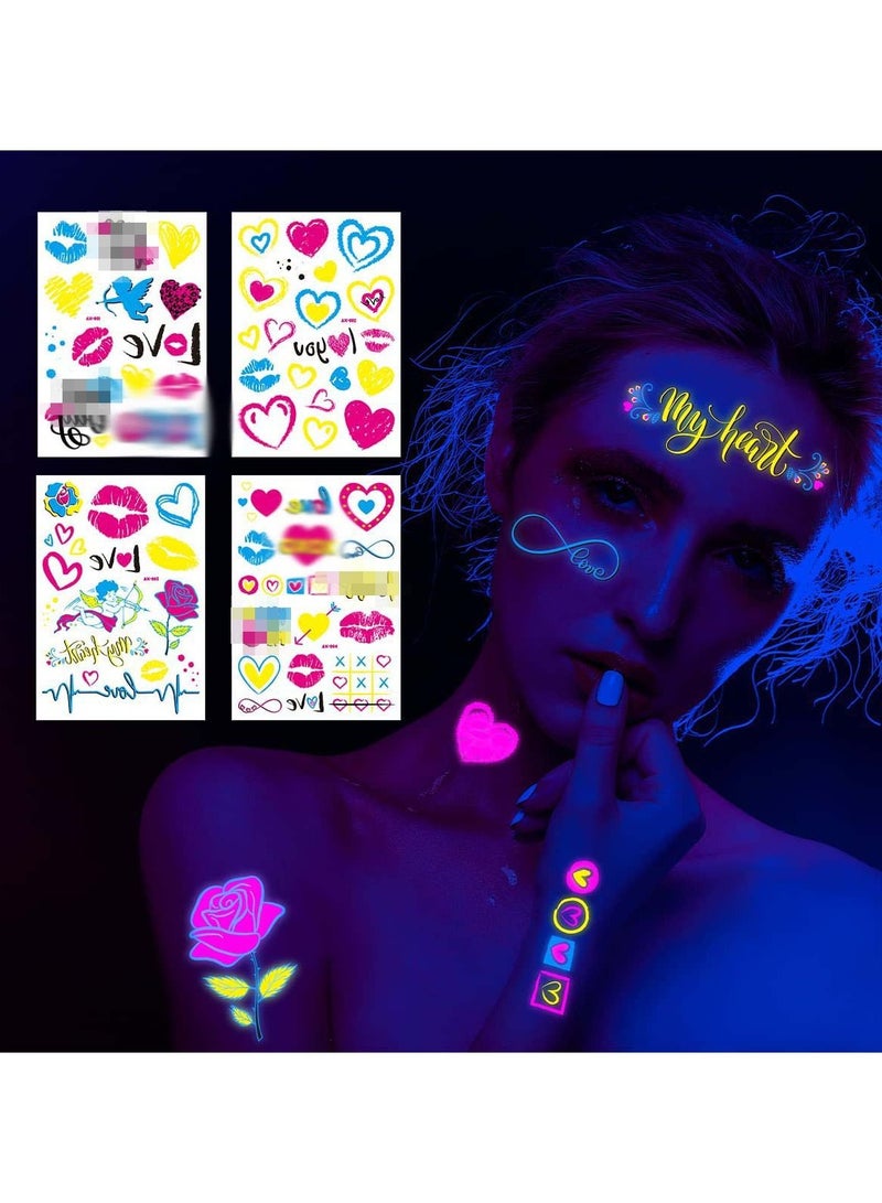 SYOSI 4 Sheets Glow in the Dark Tattoos Stickers Neon Temporary Makeup for Women Heart Tattoos Temporary Tattoo Stickers Bride Wedding  Heart Face Stickers Face Tattoos - Image 2