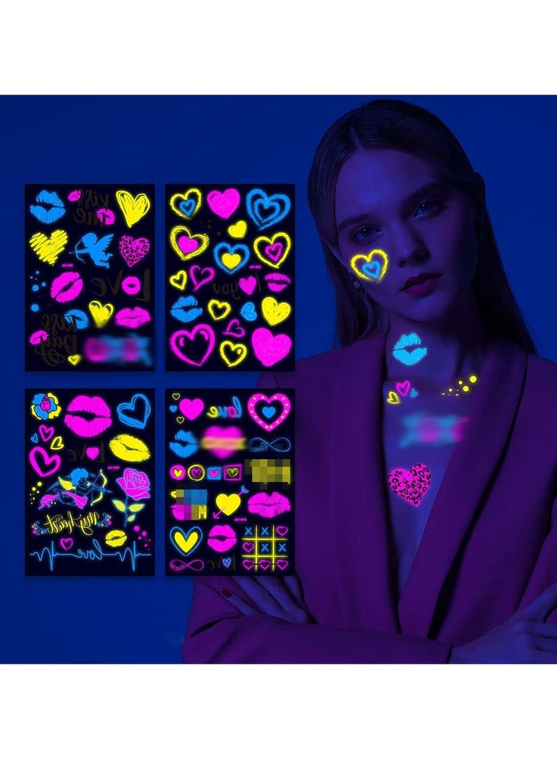 SYOSI 4 Sheets Glow in the Dark Tattoos Stickers Neon Temporary Makeup for Women Heart Tattoos Temporary Tattoo Stickers Bride Wedding  Heart Face Stickers Face Tattoos - Image 4