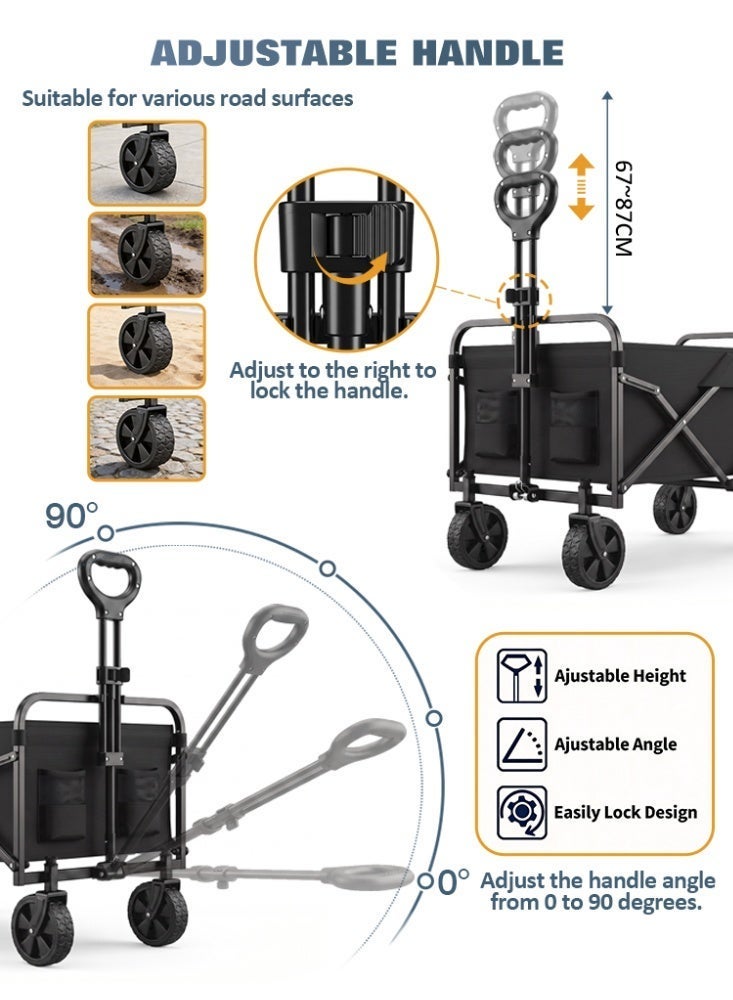 Zanotta Portable Folding Utility Wagon, 50KG Heavy Duty Collapsible Cart with 360° Rotating Wheels & Adjustable Handle, Outdoor Camping Shopping Grocery Cart - Image 4
