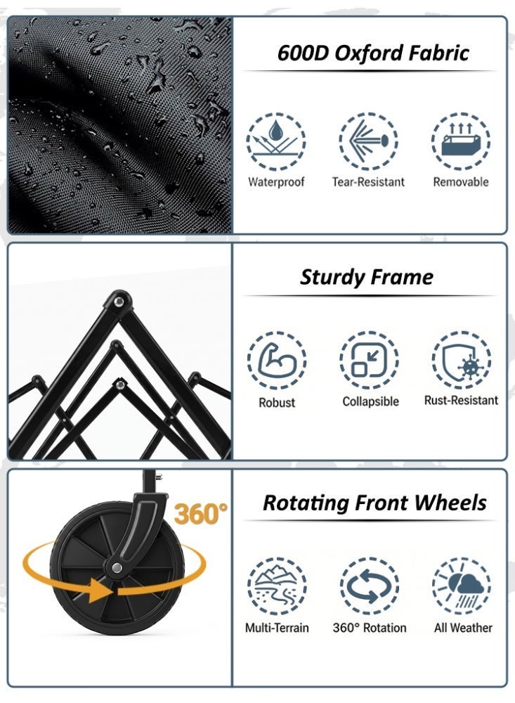 Zanotta Portable Folding Utility Wagon, 50KG Heavy Duty Collapsible Cart with 360° Rotating Wheels & Adjustable Handle, Outdoor Camping Shopping Grocery Cart - Image 3