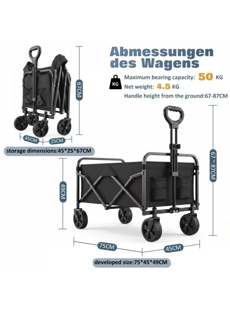 Zanotta Portable Folding Utility Wagon, 50KG Heavy Duty Collapsible Cart with 360° Rotating Wheels & Adjustable Handle, Outdoor Camping Shopping Grocery Cart - Image 5