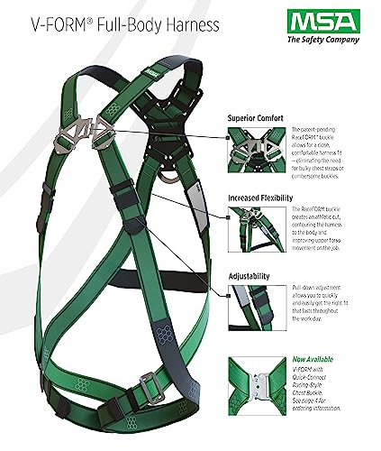 MSA 10197364 V-Form Construction Harness - Standard (Medium), D-Ring Configuration: Back/Hip, Tongue Buckle Leg Straps, With Shoulder Padding, Full Body Harness - Image 2