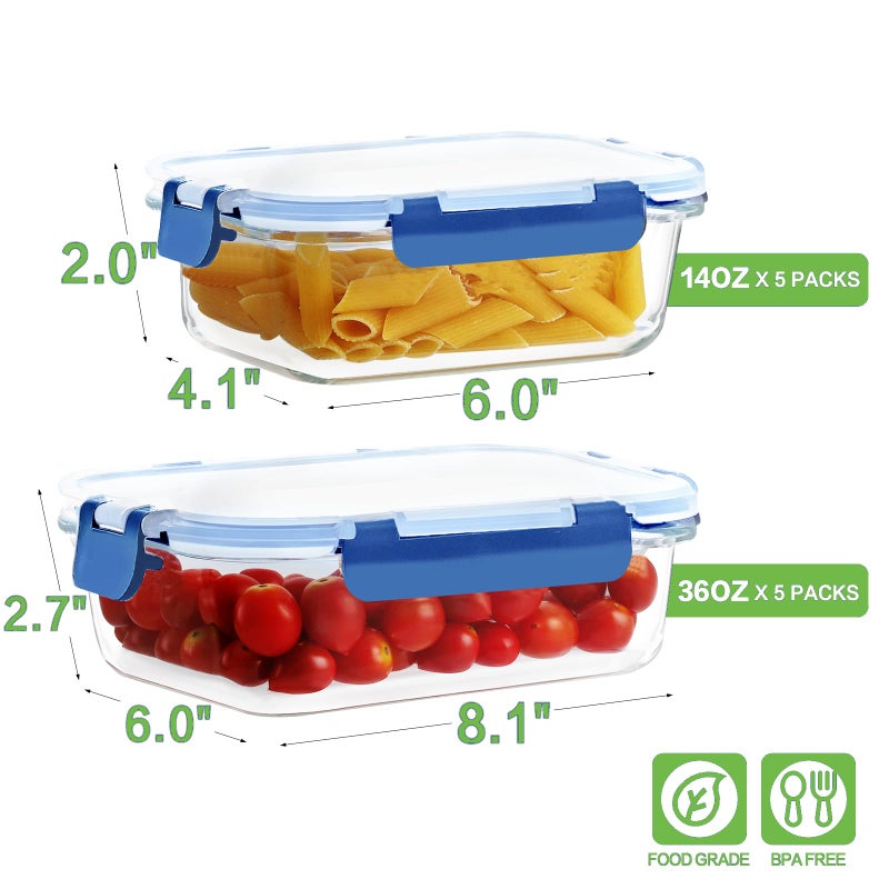 HOMBERKING 10 Pack Borosilicate Glass Meal Prep Containers with Locking Lids, Glass Food Storage Containers Set, Airtight Lunch Bento Boxes, BPA-Free & Leak Proof, 36oz & 14oz, Freezer, Oven Safe-Deep Blue - Image 2