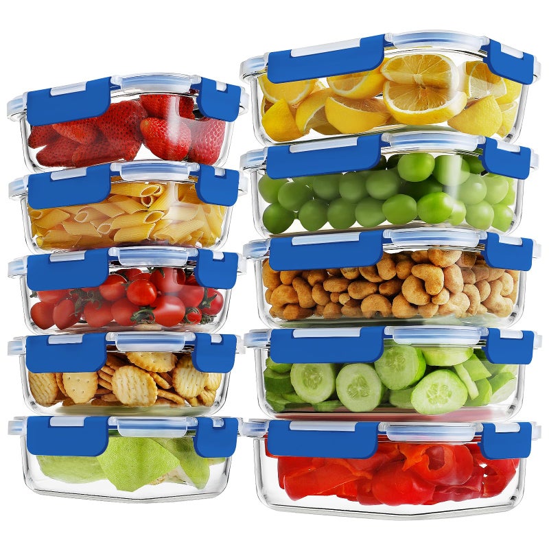 HOMBERKING 10 Pack Borosilicate Glass Meal Prep Containers with Locking Lids, Glass Food Storage Containers Set, Airtight Lunch Bento Boxes, BPA-Free & Leak Proof, 36oz & 14oz, Freezer, Oven Safe-Deep Blue - Image 1