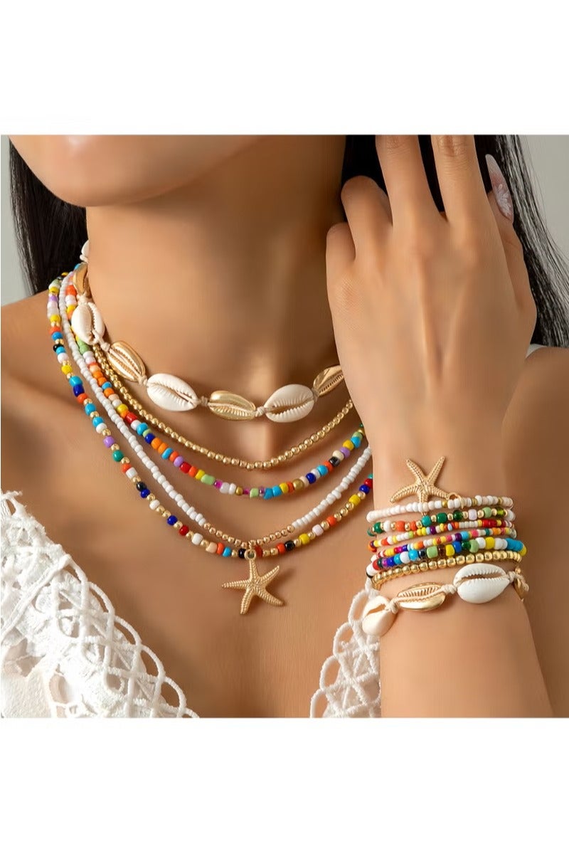 KHAJUL 12-Piece Bohemian Rice Grain Necklaces and Bracelets, Shells and Stars Set - Image 1