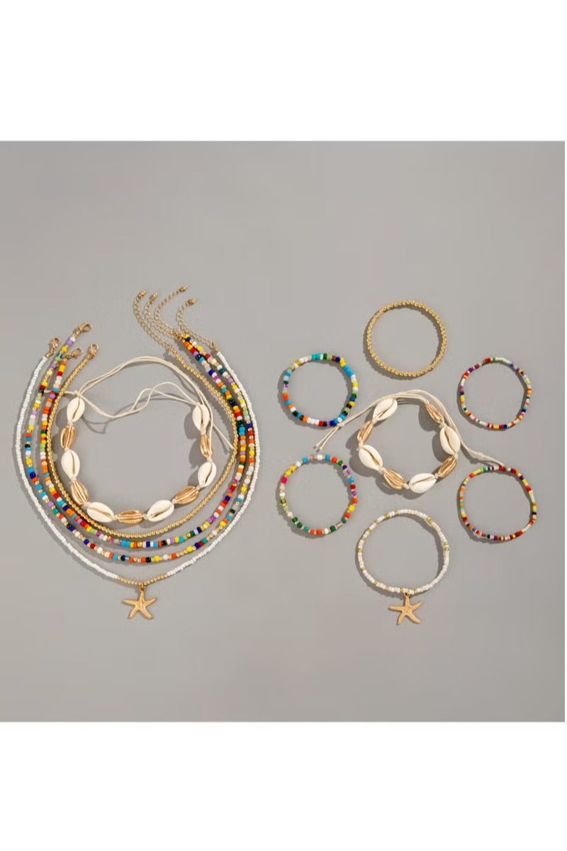 KHAJUL 12-Piece Bohemian Rice Grain Necklaces and Bracelets, Shells and Stars Set - Image 3